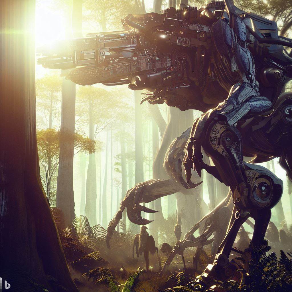future mech dinosaur with guns in tall forest, wildlife in foreground, lens flare, realistic h.r. giger style 10.jpg